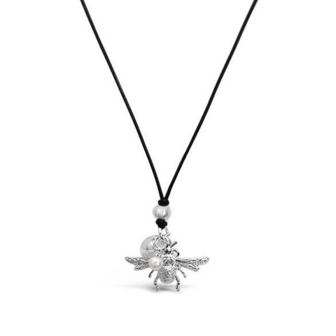 silver, silver necklace, silver jewellery, silver bee, bee, bees, bee jewellery, save the bees, stainless steel, pearl, necklace, jewellery, nz jewellery, designer jewellery, designed in nz, well made, high quality jewellery, local jewellery, shop local, fashion jewellery, fashion
