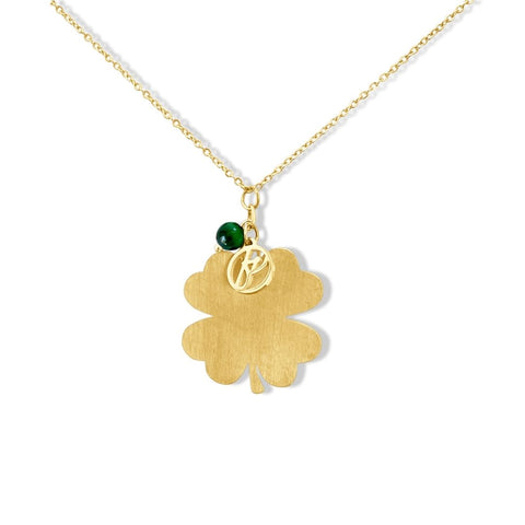 yellow gold, yellow gold necklace, necklace, rish, jewellery, fashion, fashion jewellery, lucky, green tigers eye, four leaf clover, nz jewellery, nz designer, designed in nz, free shipping, high quality