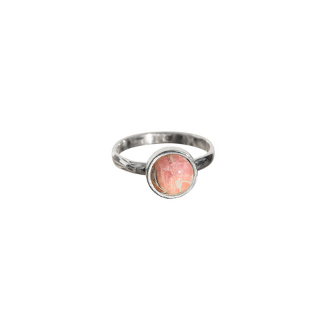 pink rhodochrosite circle stone in sterling silver case and band to create a beautiful petite ring, rhodochrosite ring, pink ring, rhodochrosite pink, womens jewellery, rhodochrosite and sterling silver ring, womens special jewellery, jewellery for memories, summer jewellery, gifts for women, gifts for her, local jewellery, designer jewellery, well made jewellery, high quality jewellery, unique designs