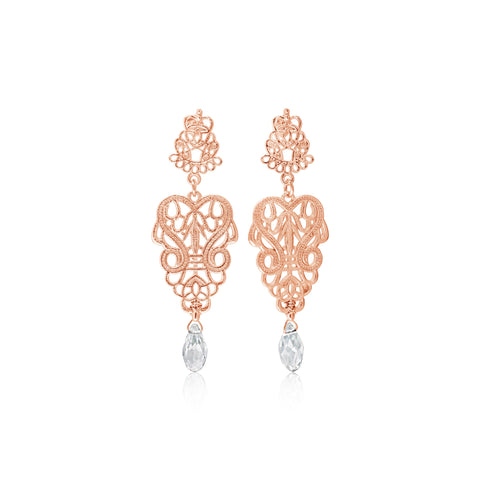 rose gold light weight royal inspired dangle earrings, earrings for special occasions, nz jewellery, high quality jewellery, well made jewellery, designer jewellery, nz designer, shop local, fashion, fashion jewellery, gifts for her, gifts for mum, earrings, rose gold, rose gold jewellery, rose gold earrings