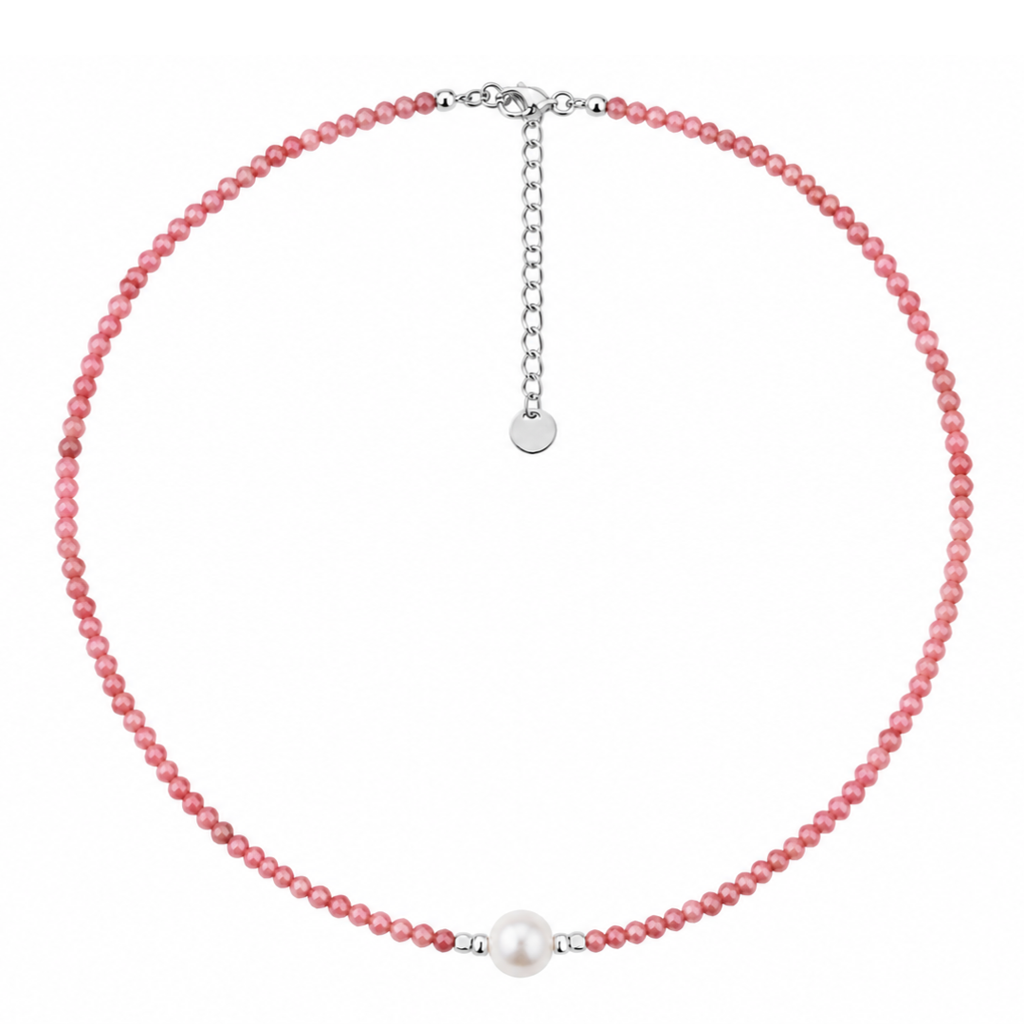 Silver Perle Rhodochrosite & Fresh Water Pearl Necklace