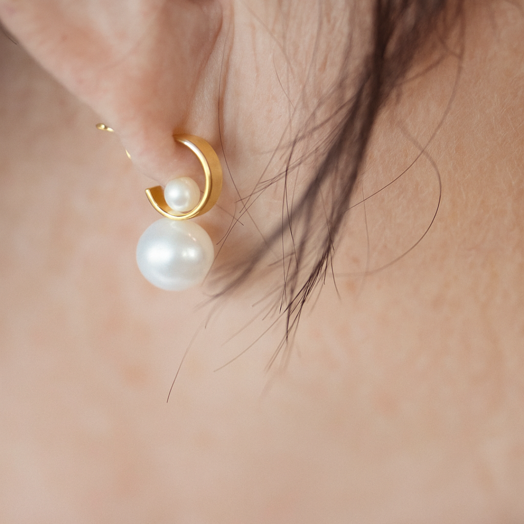 Silver Perle Yellow Gold Double Fresh Water Pearl Stud Earrings