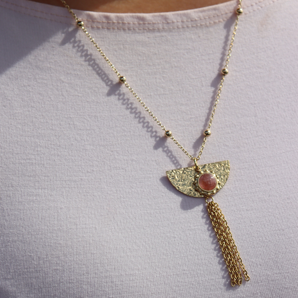 Steel Me Boho Yellow Gold Pink Stone Necklace