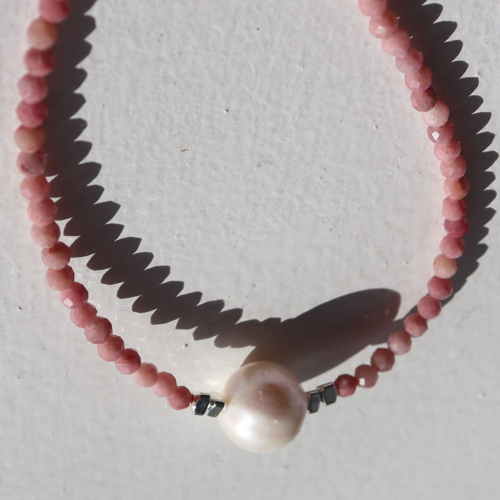 Silver Perle Rhodochrosite & Fresh Water Pearl Bracelet