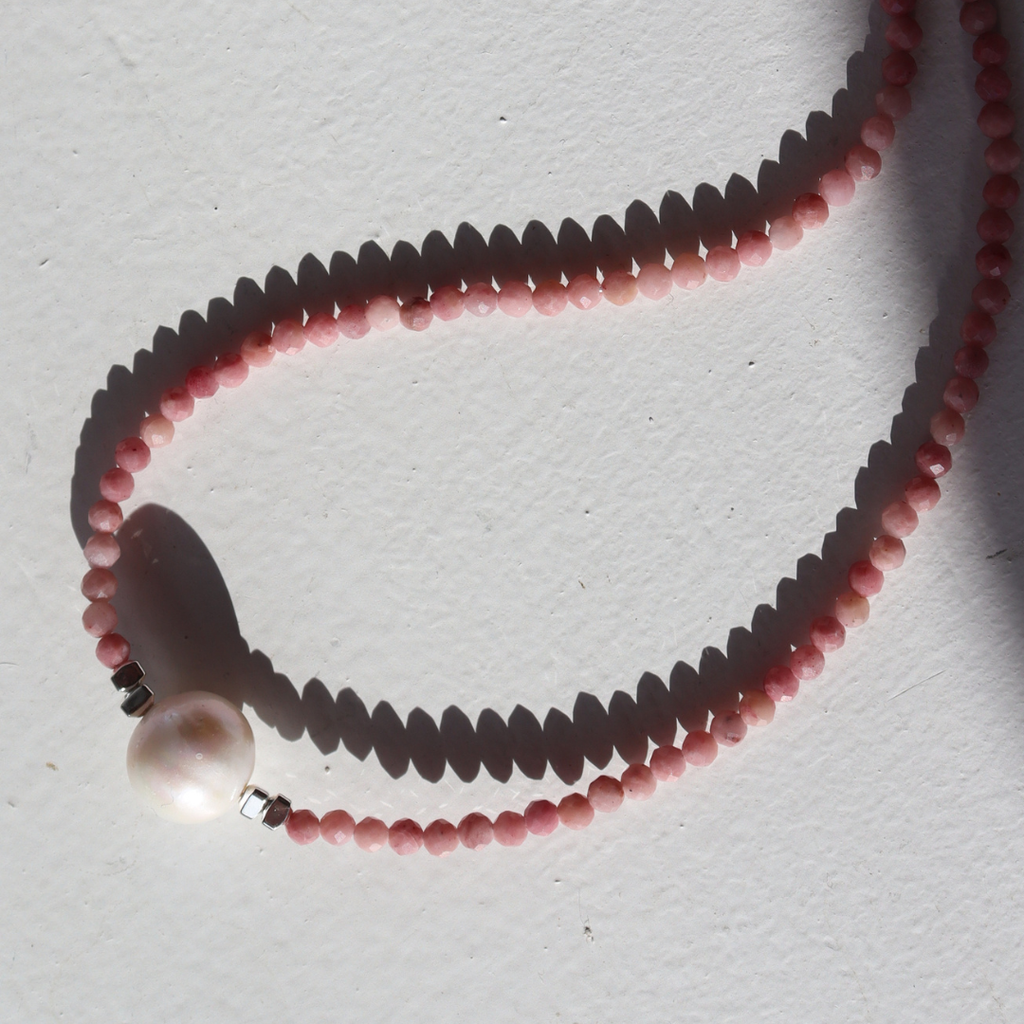 Silver Perle Rhodochrosite & Fresh Water Pearl Necklace