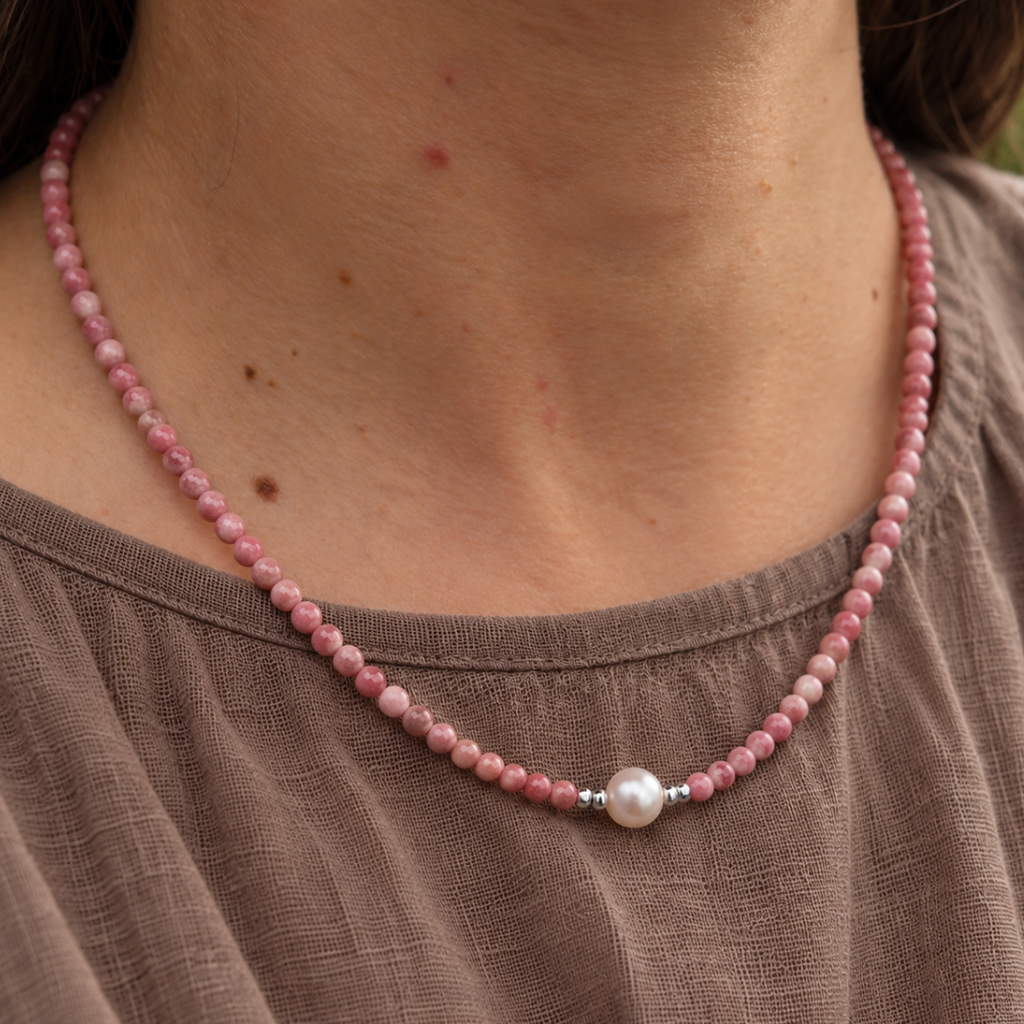 Silver Perle Rhodochrosite & Fresh Water Pearl Necklace