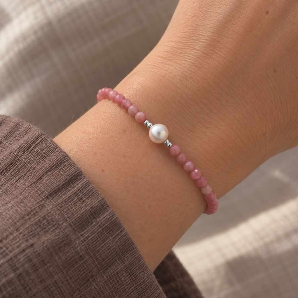 Silver Perle Rhodochrosite & Fresh Water Pearl Bracelet