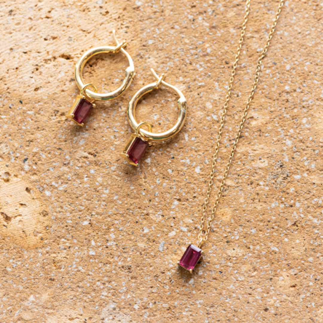 Lucie Rhodolite Garnet Yellow Gold Rectangle Hoop Earrings