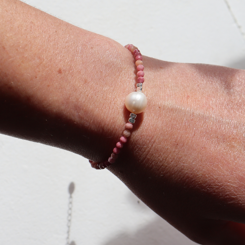 Silver Perle Rhodochrosite & Fresh Water Pearl Bracelet