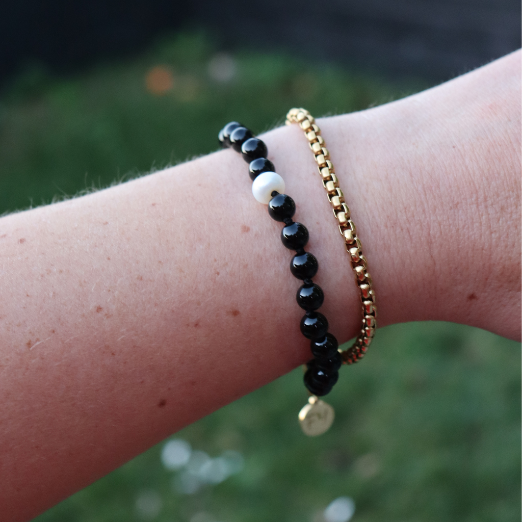 The Black Edit Black Onyx, Fresh Water Pearl & Chain Bracelet