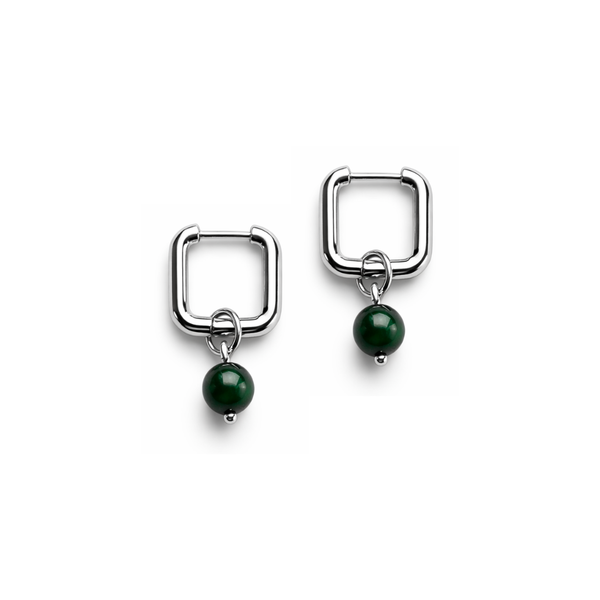 Steel Me Silver & Green Tiger's Eye Square Hoops