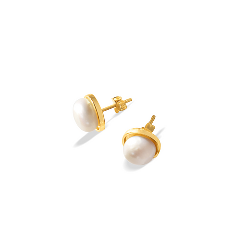 Silver Perle Fresh Water Pearl Gold Button Stud Earrings