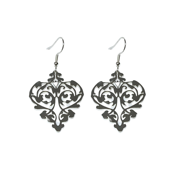 heart style pendant earrings hanging on hook earring, silver heart earrings, large unique earrings, unique jewellery, large earrings, fashion jewellery, womens fashion jewellery, auckland jeweller, auckland jewellery, auckland designer, designer jewellery, beautiful jewellery, pendant style heart earrings for women