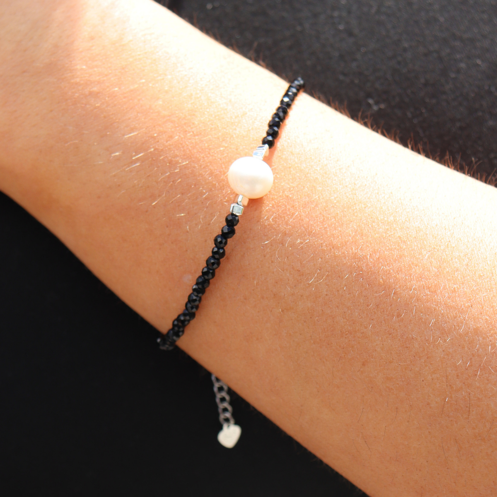 Silver Perle Black Spinel & Fresh Water Pearl Bracelet
