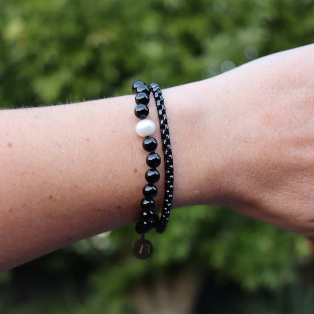 The Black Edit Black Onyx, Fresh Water Pearl & Chain Bracelet