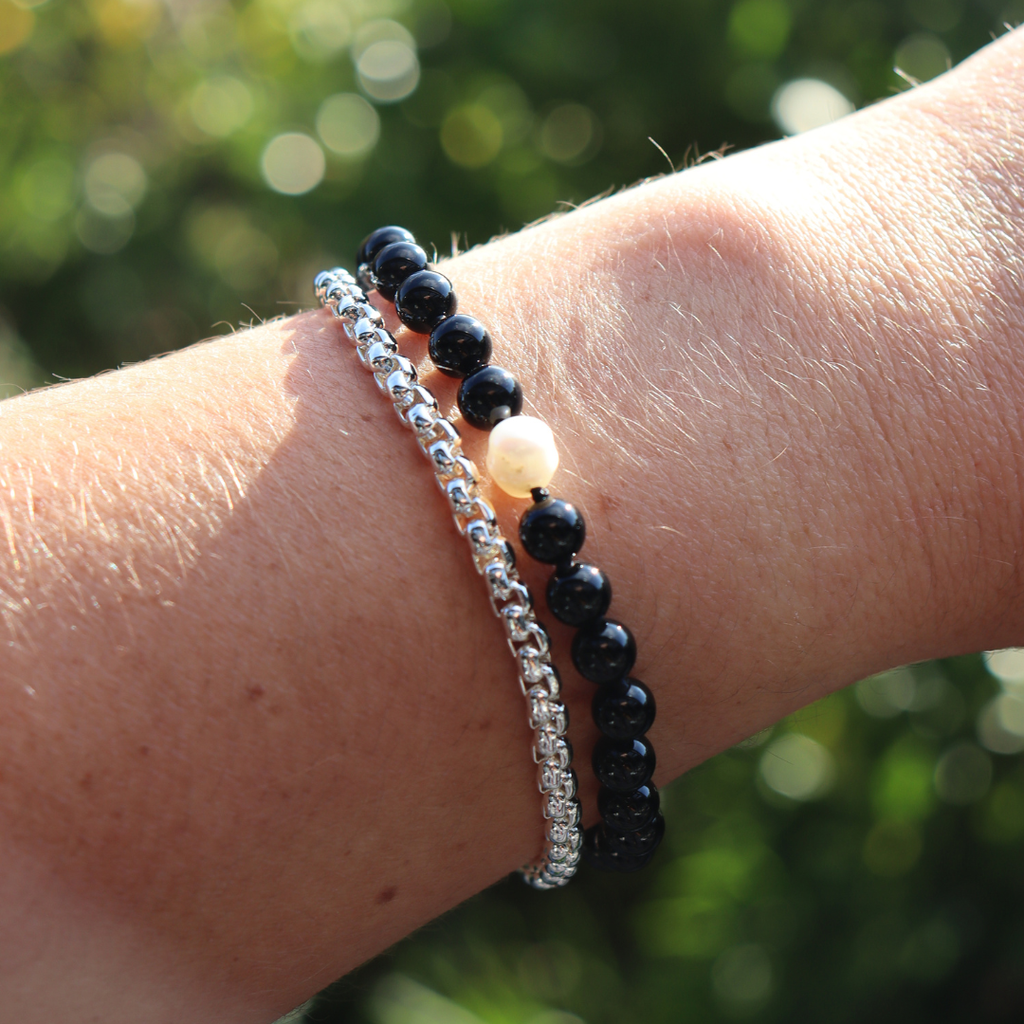 The Black Edit Black Onyx, Fresh Water Pearl & Silver Chain Bracelet