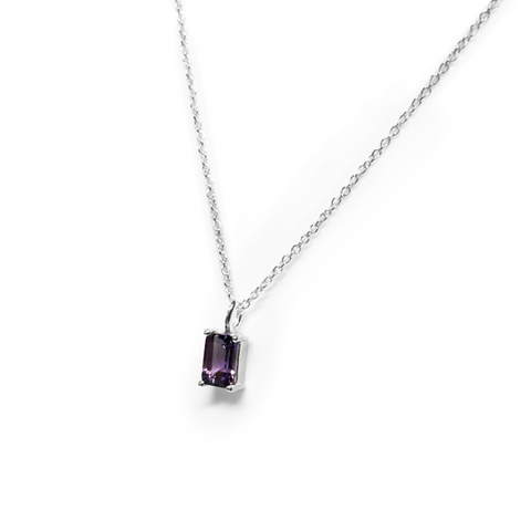 short style sterling silver necklace with petite rectangle purple amethyst pendant, sterling silver necklace, purple amethyst jewellery, purple amethyst necklace, rectangle purple amethyst, designer jewellery, auckland jeweller, petite styles, beautiful jewellery, well made jewellery, new zealand designer, simple jewellery, free shipping nz wide