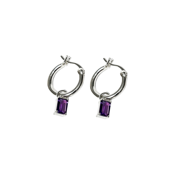 purple amethyst stone recatngle cut petite style hanging on sterling silver hoop earrings, silver hoop earrings, purple amethyst jewellery, purple amethyst stone, semi precious stones, purple jewellery, beautiful jewellery, petite jewellery, nz designer, auckland jeweller, fabulous jewellery, high quality jewellery