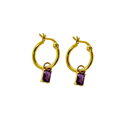 petite rectangle style purple amethyst hanging on a small yellow gold hoop earrings, purple amethyst earrings, purple amethyst jewellery, hoop earrings, yellow gold hoops, gold hoops, semi precious stones, beautiful jewellery, womens jewellery, unique jewellery, amethyst jewellery, new zealand jewellery, auckland jewellery, auckland designer, high quality jewellery, gifts for her, womens fashion