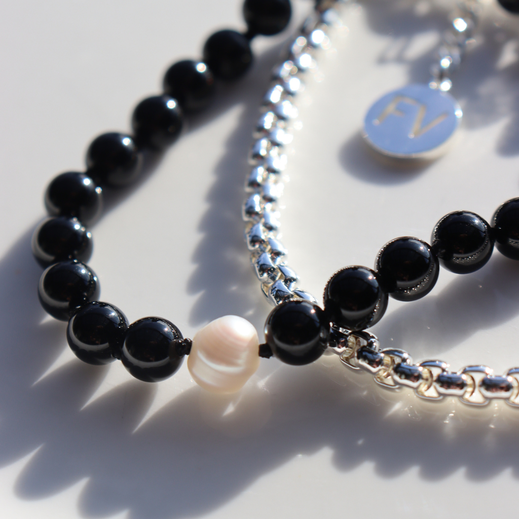 The Black Edit Black Onyx, Fresh Water Pearl & Silver Chain Bracelet