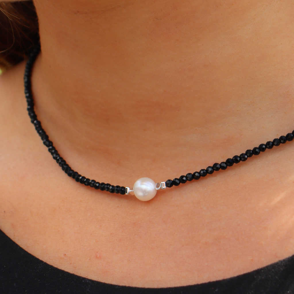 Silver Perle Black Spinel & Fresh Water Pearl Necklace