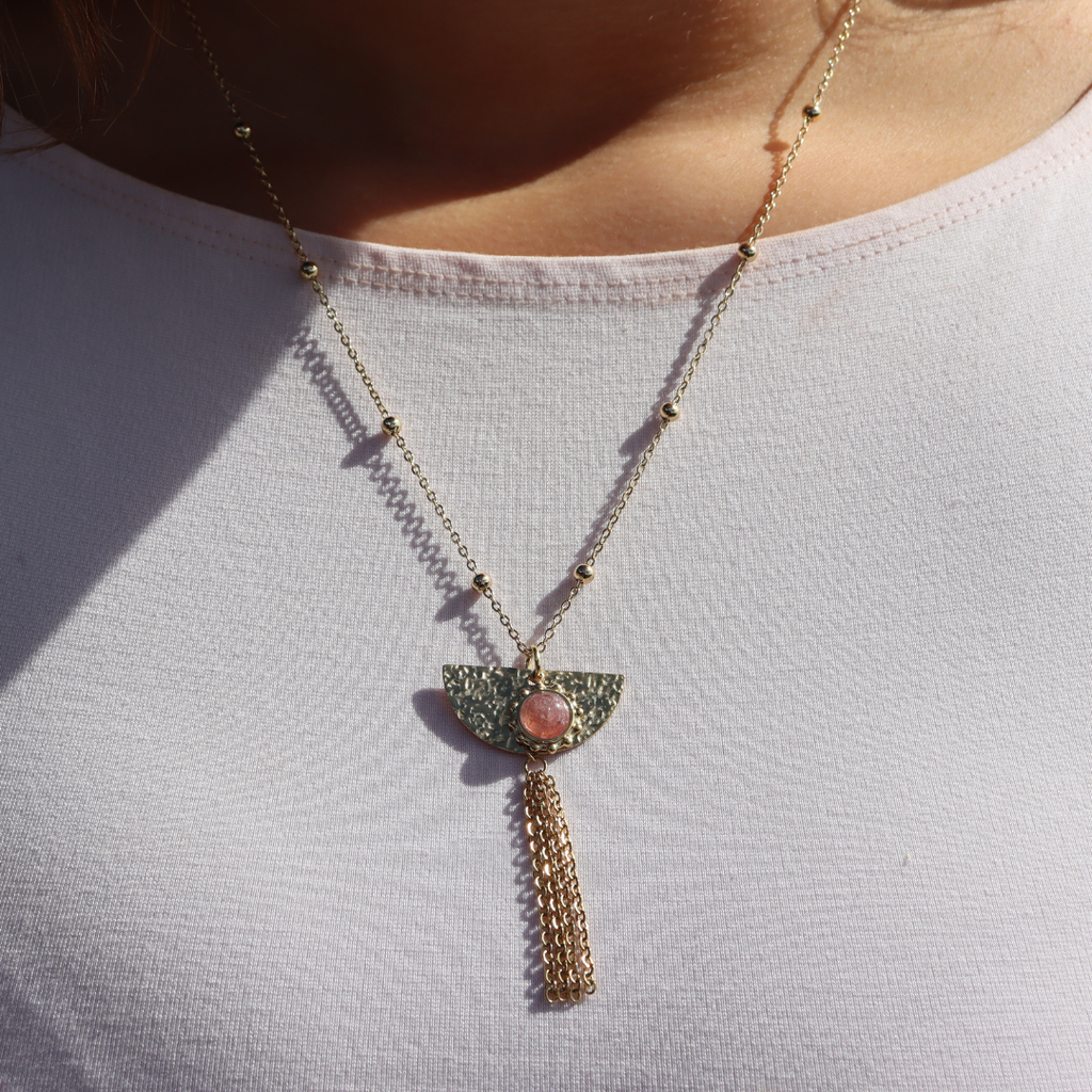 Steel Me Boho Yellow Gold Pink Stone Necklace