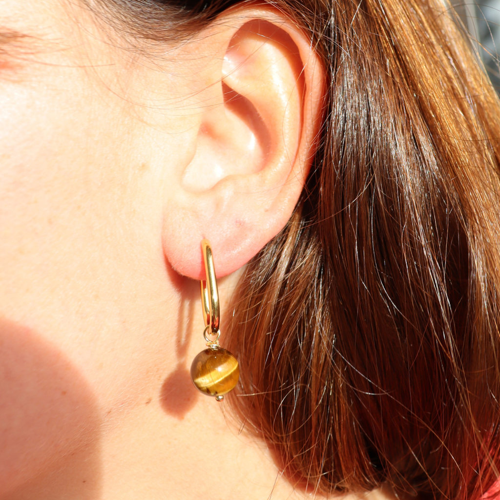Steel Me Tiger's Eye Yellow Gold Huggie Hoops