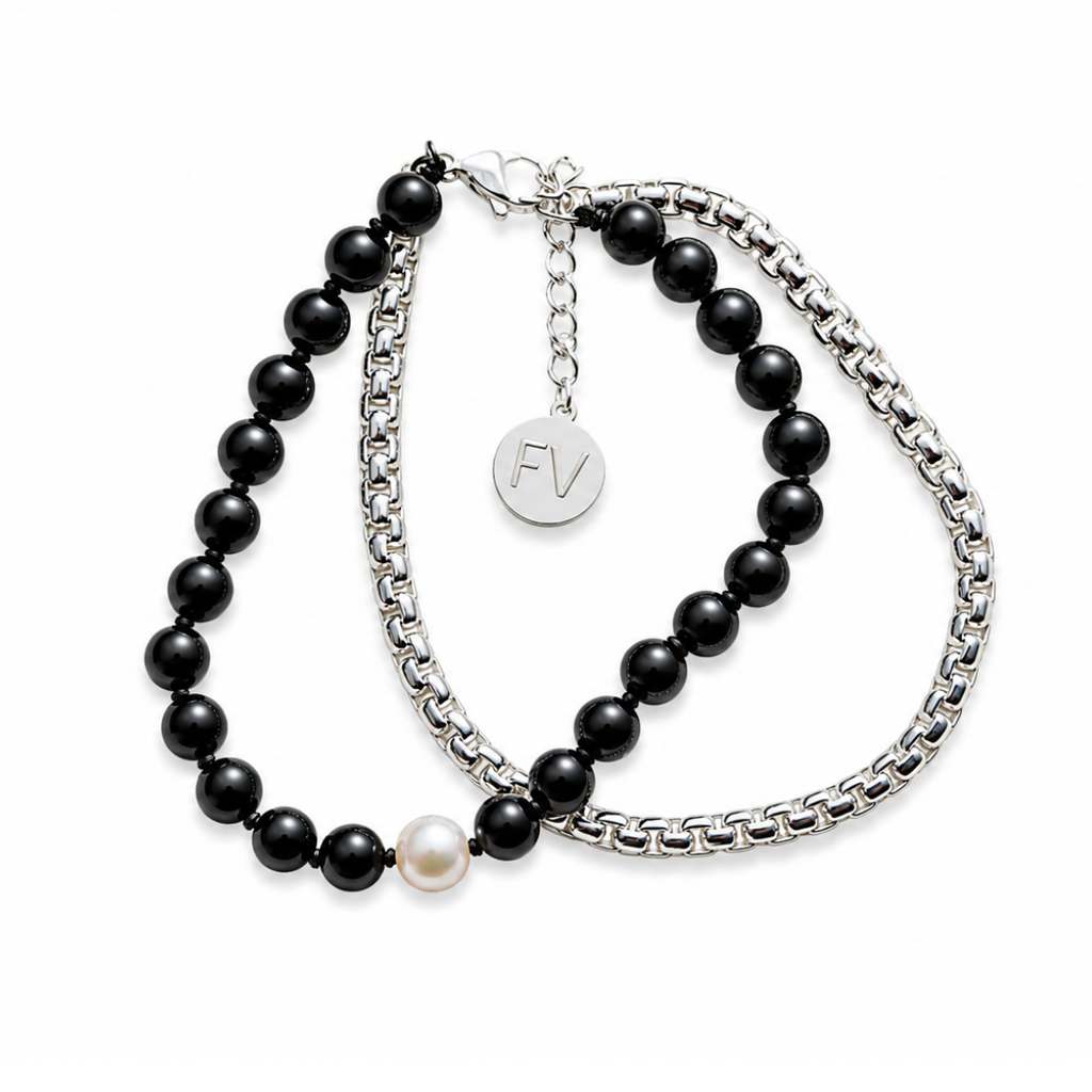 The Black Edit Black Onyx, Fresh Water Pearl & Silver Chain Bracelet