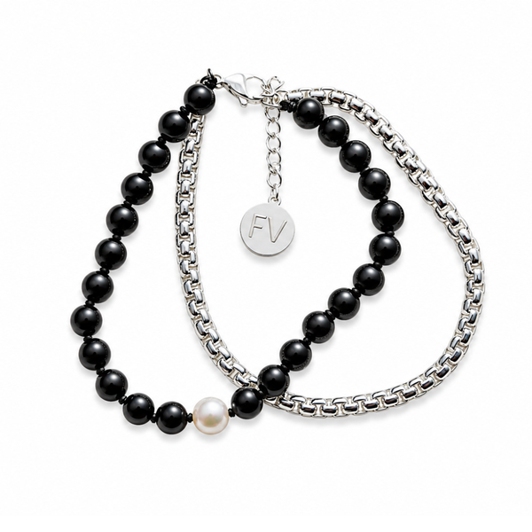The Black Edit Black Onyx, Fresh Water Pearl & Silver Chain Bracelet