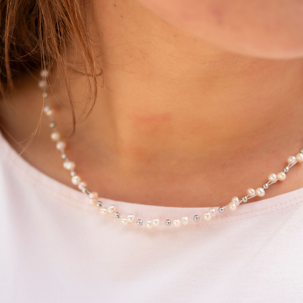 Silver Perle Wire Layered Pearl Necklace