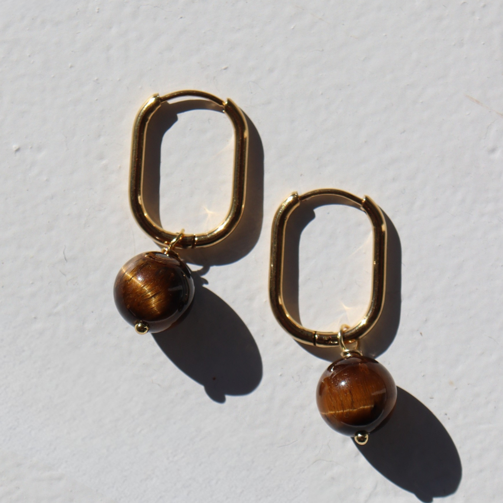 Steel Me Tiger's Eye Yellow Gold Huggie Hoops