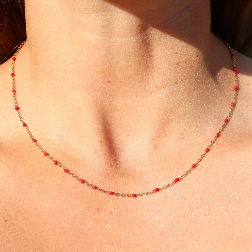 Steel Me Boho Red Bead Petite Necklace