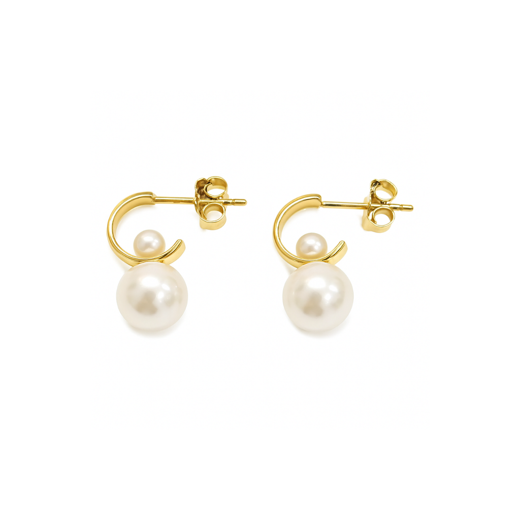 Silver Perle Yellow Gold Double Fresh Water Pearl Stud Earrings