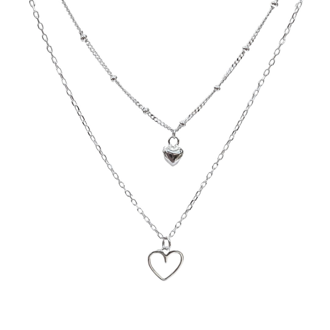Petite Sterling Silver Double Chain Heart Necklace FV Jewellery