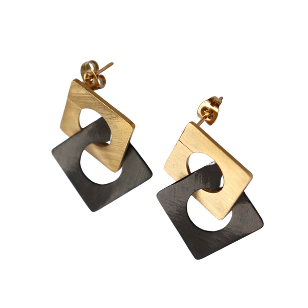 Carre Yellow Gold & Black Stud Earrings