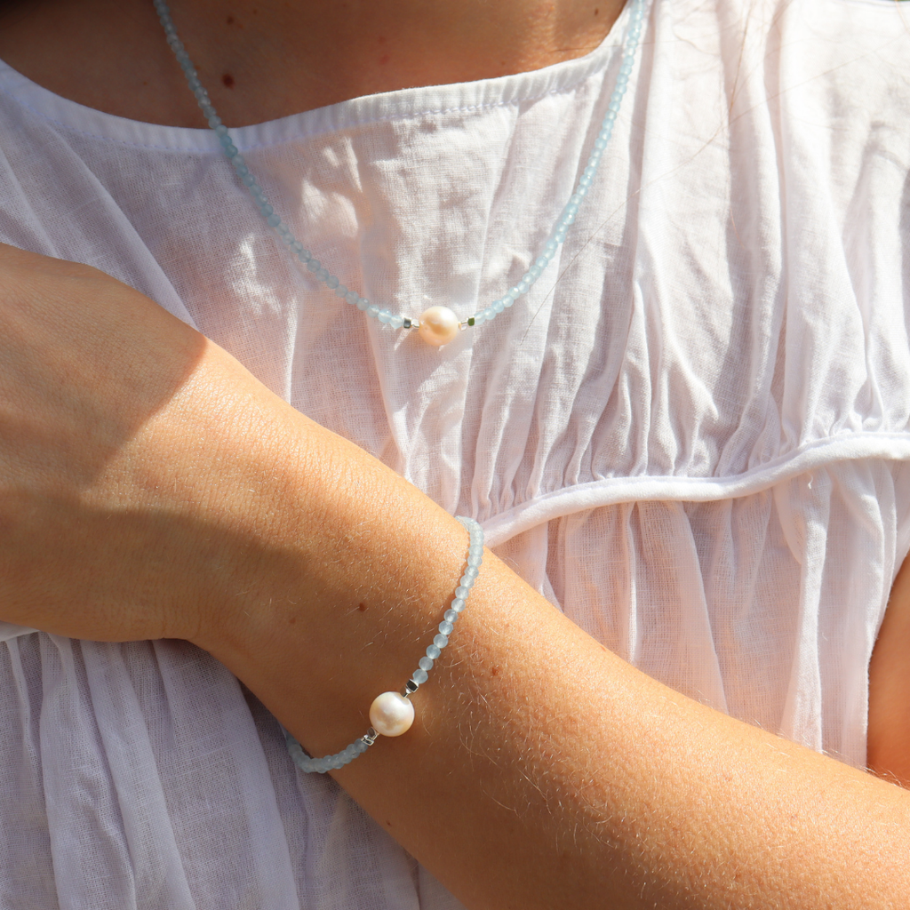 Silver Perle Aquamarine & Fresh Water Pearl Bracelet
