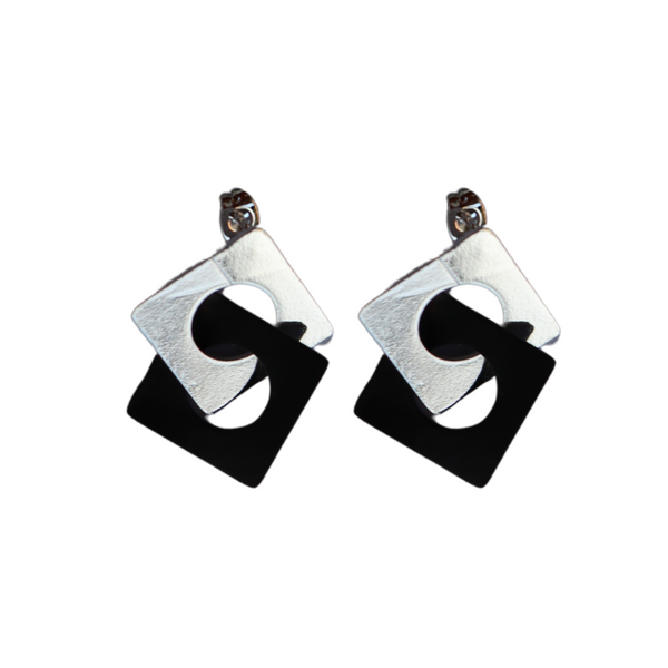 Carre Silver & Black Stud Earrings
