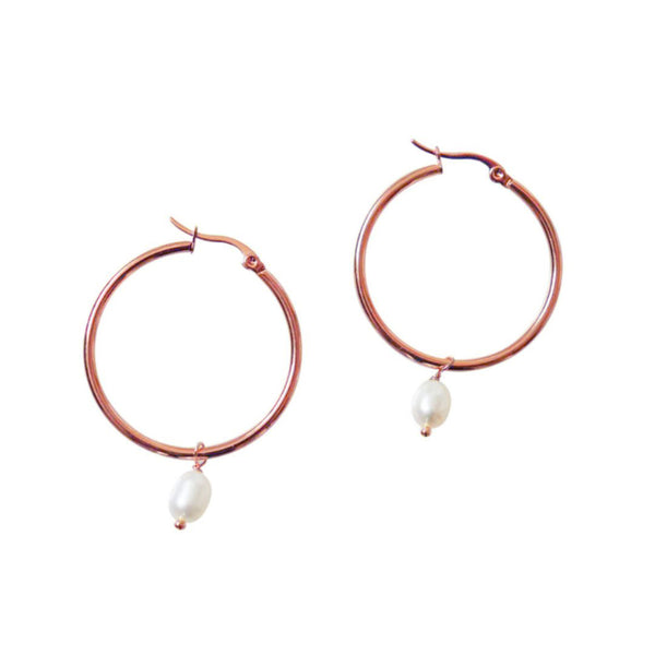 Steel Me Rose Gold Round Hoop & Pearl Earrings
