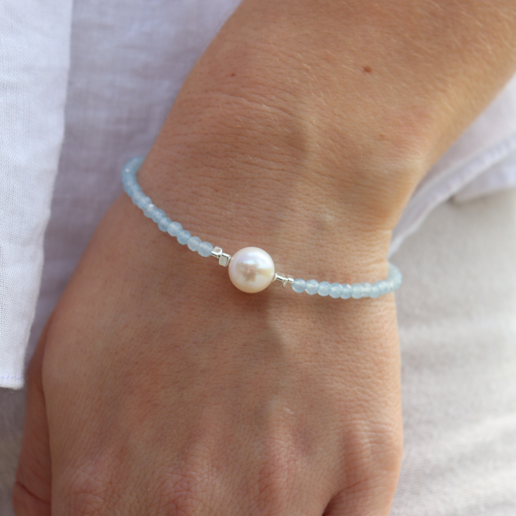 Silver Perle Aquamarine & Fresh Water Pearl Bracelet