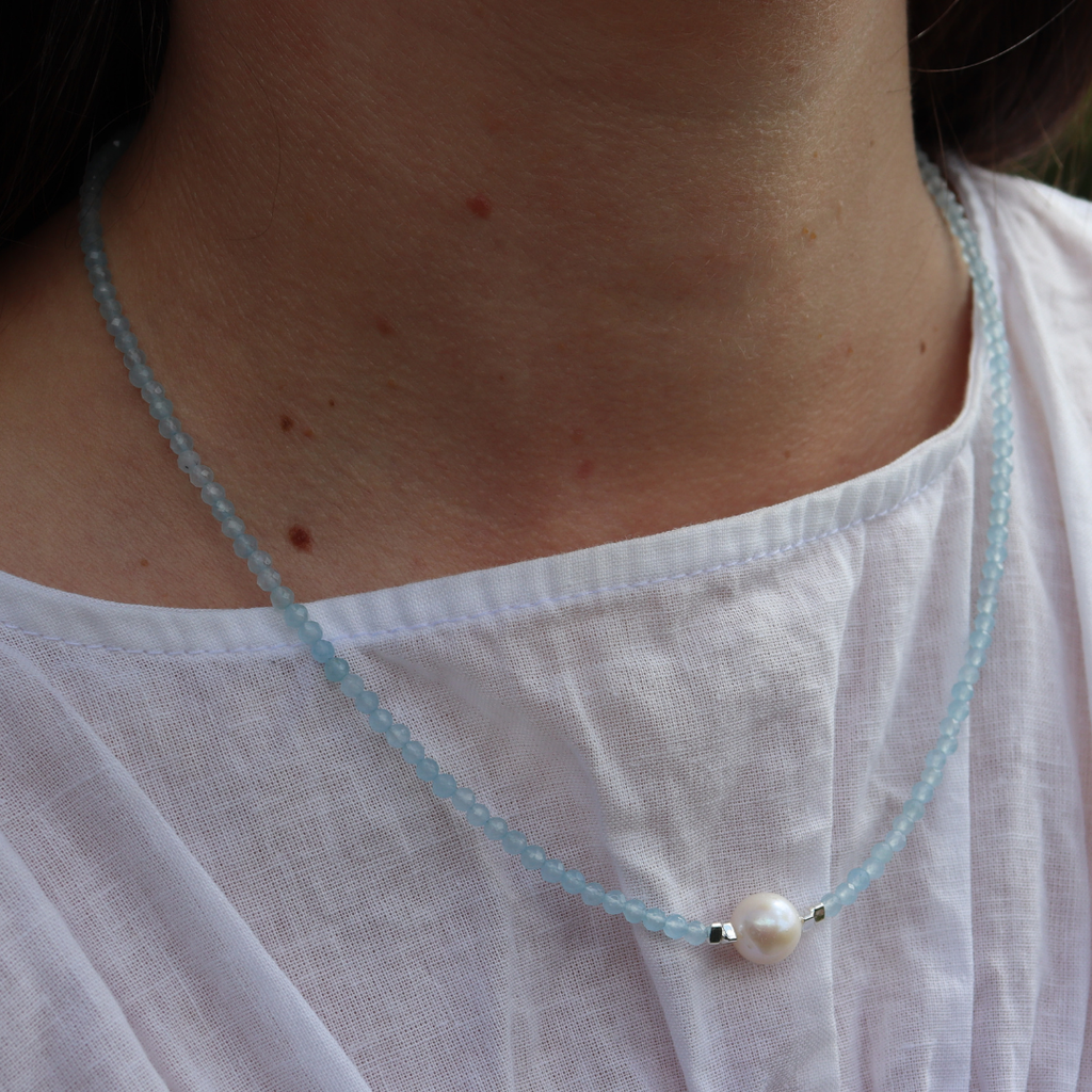 Silver Perle Aquamarine & Fresh Water Pearl Necklace