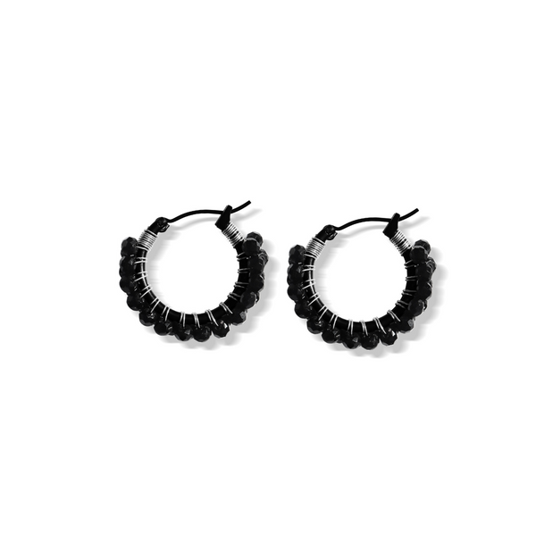 Steel Me Black Stone & Silver Hoop Earrings