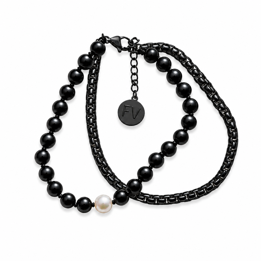 The Black Edit Black Onyx, Fresh Water Pearl & Chain Bracelet