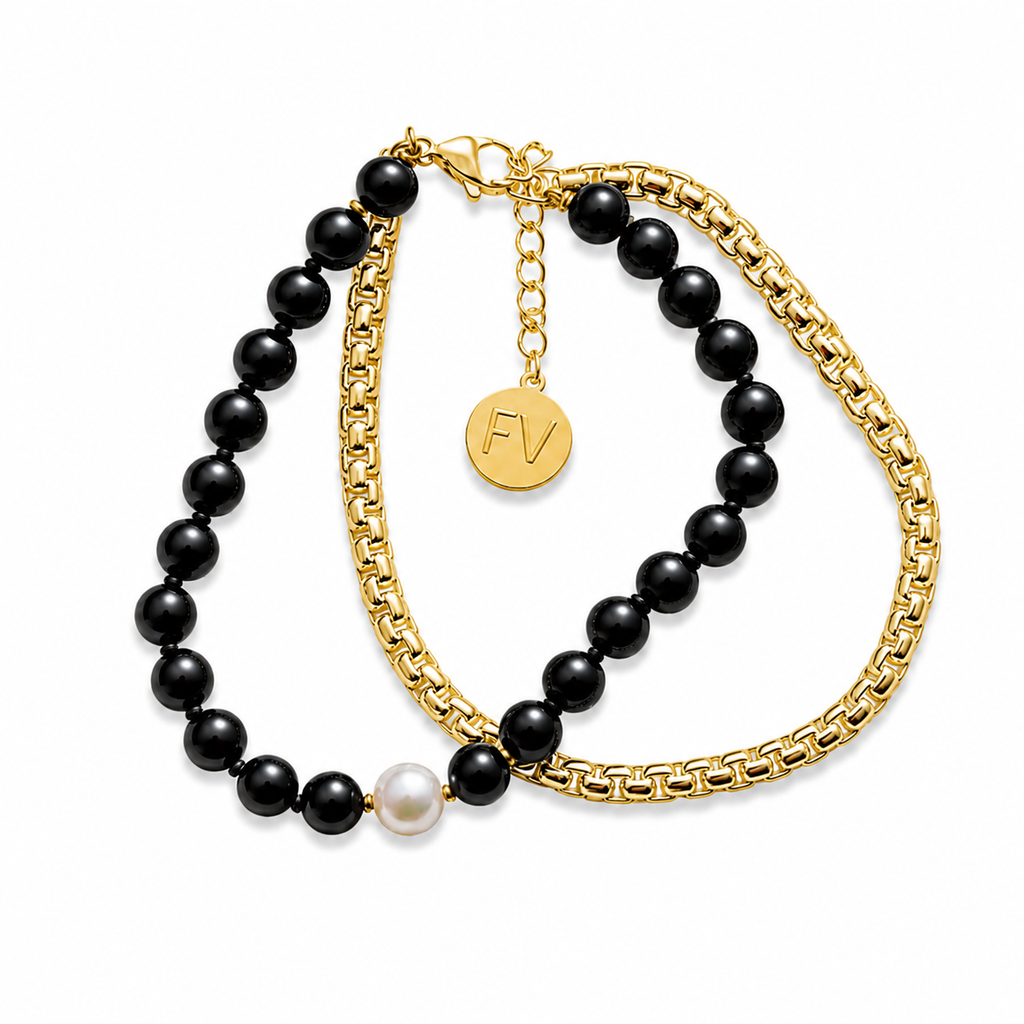 The Black Edit Black Onyx, Fresh Water Pearl & Chain Bracelet