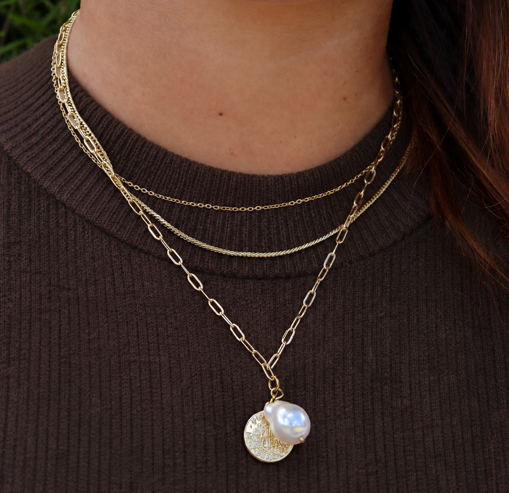 Steel Me Yellow Gold Triple Chain & Pearl Necklace