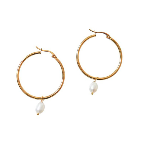 round yellow gold hoops with petite style fresh water pearl, large hoop earrings, affordable jewellery, womens jewellery, high quality jewellery, fabulous jewellery, everyday jewellery essentials, auckland designer jewellery, designer jewellery, new zealand jewellery, yellow gold hoop earrings for women, unique jewellery for women, everyday jewellery, hoops, hoop earrings, large hoop earrings