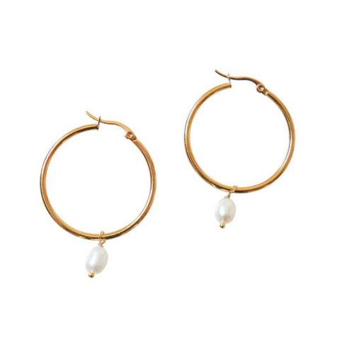 round yellow gold hoops with petite style fresh water pearl, large hoop earrings, affordable jewellery, womens jewellery, high quality jewellery, fabulous jewellery, everyday jewellery essentials, auckland designer jewellery, designer jewellery, new zealand jewellery, yellow gold hoop earrings for women, unique jewellery for women, everyday jewellery, hoops, hoop earrings, large hoop earrings