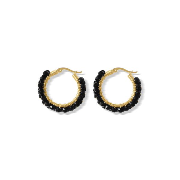 Steel Me Black Stone & Gold Hoop Earrings