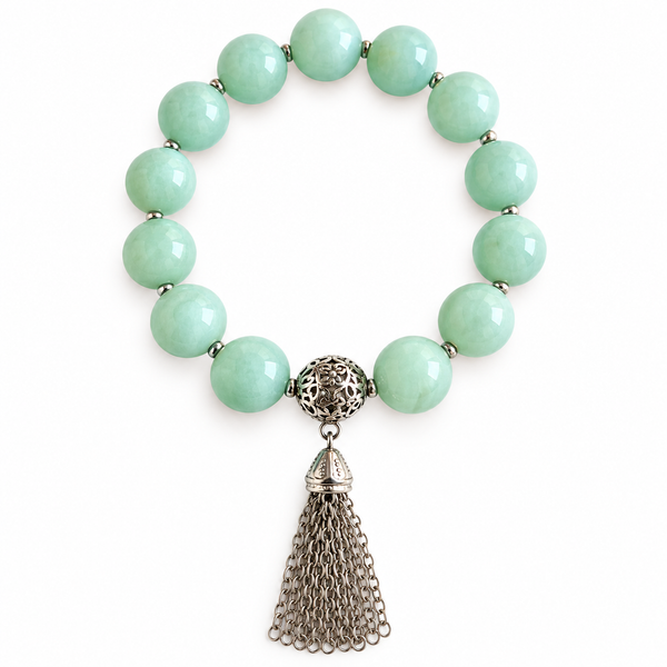 Colours of Fabulous Hemlock Tassel Bracelet pale mint green beads and tiny silver spacers on white background