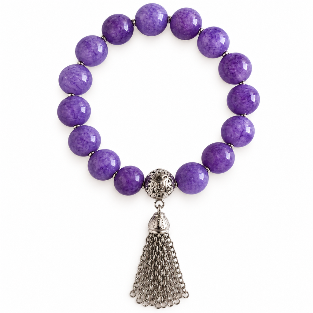 Colours of Fabulous Purple Haze Tassel Bracelet with tiny silver spacers and silver chain tassel on white background