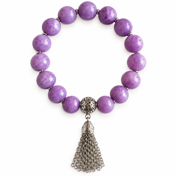 Colours of Fabulous Violet Tulip Tassel Bracelet lavender purple beads with silver chain tassel on white background